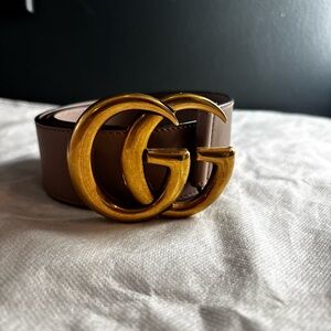 Gucci Tan Leather Belt with Gold GG Buckle